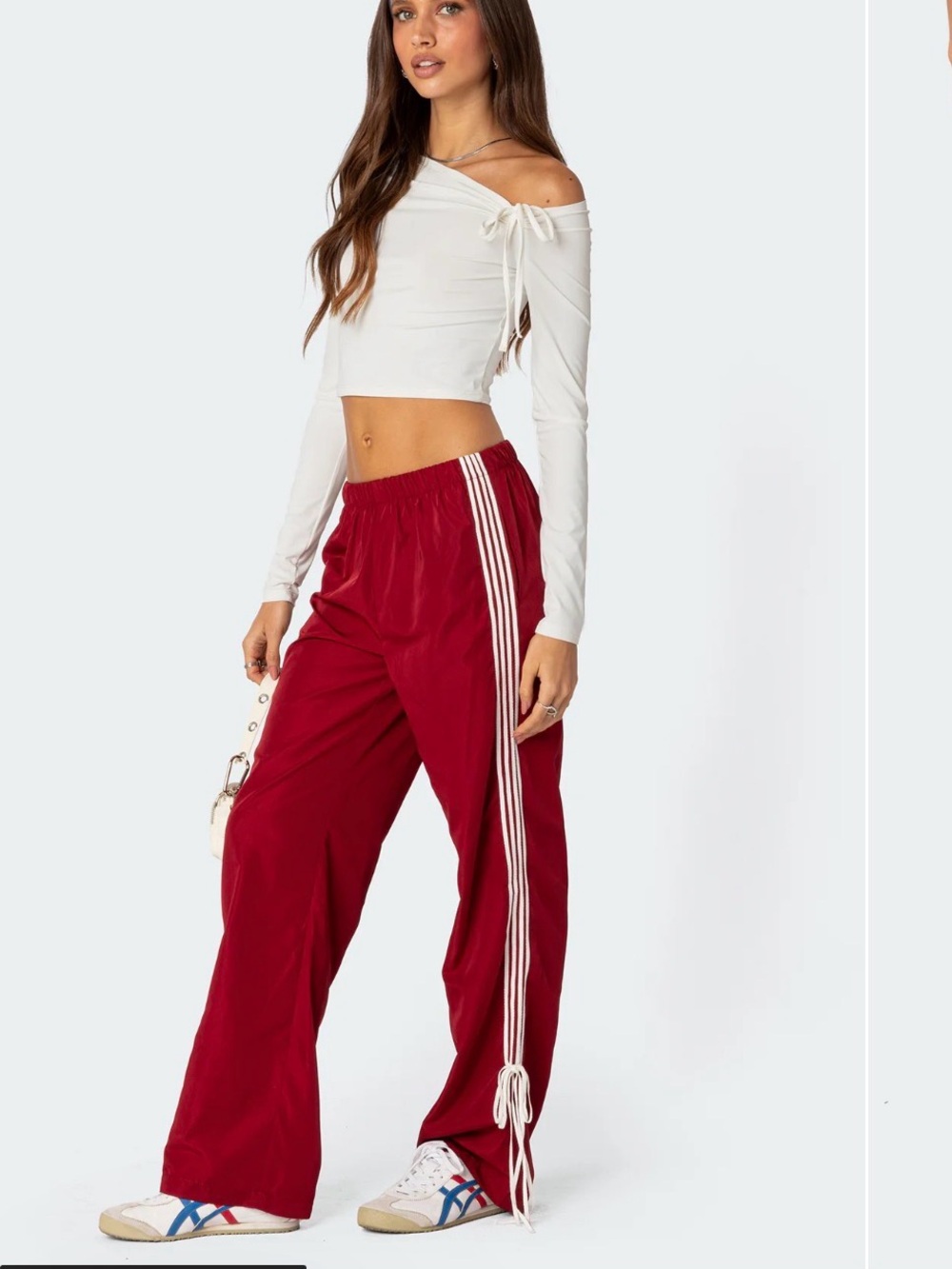 Edikted red striped bow tie track pants
